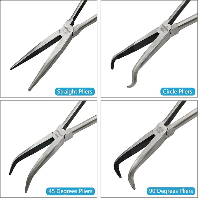 4 Pack 11" Precision Long Nose Pliers Set, Insulated Comfort Grip - Straight Needle Nose, 45/90 Degree Curved & Circle Tools for Wire Bending, Shaping, Trimming