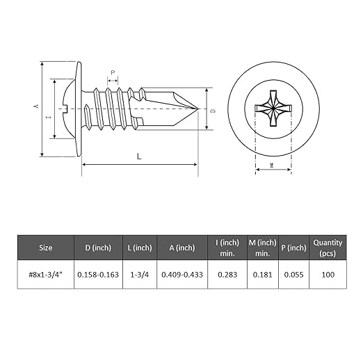 100Pcs #8 x 1-3/4" Self Drilling Screws for Metal,410 Stainless Steel Black Zinc Plated,Self Tapping Sheet Metal TEK Screws,Modified Truss Head