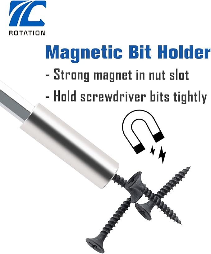 ROTATION 1/4 Inch Magnetic Bit Driver, Nut Driver with Non-slip Handle and Strong Magnet Tip, Screwdriver Handle for Holding Bits and Screws, 197mm/7.7 inch