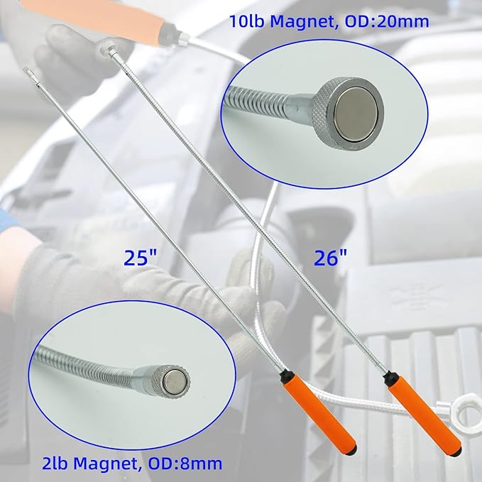 GUTIMORE Magnetic Pickup Tool Set,Flexible Magnetic Pickup 2LB & 10LB,Pack of 2, 25"/26"Bendable Extension Pickup Screws, Nuts, Nails, Bolts from Hard-To-Reach Places