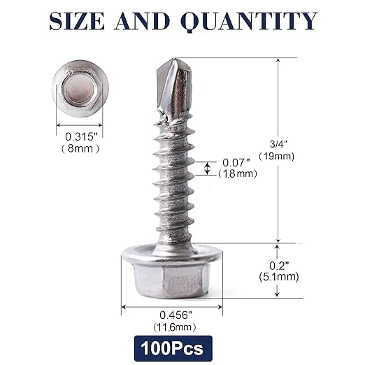 #12 x 3/4" Sheet Metal Screws 100PCS 410 Stainless Steel Hex Washer Head Fast Self Tapping Screws by SG TZH