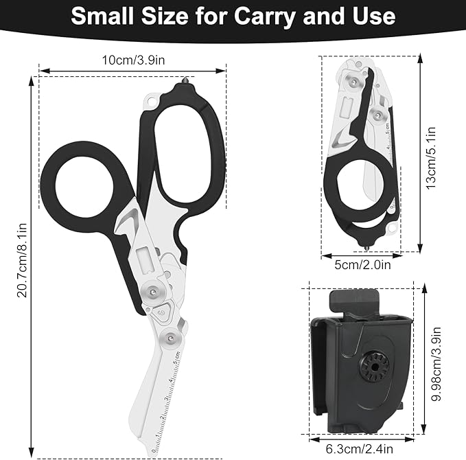 Heavy Duty 6-in-1 Emergency Trauma Shears with Carbide Glass Breaker & Ring Cutter Foldable Stainless Steel Multi-Purpose Scissors for First Responders, Hospital, Home, Camping, Travel Rescue (Black)