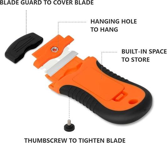 Locking Razor Blade Scraper with Safety Cap Glass Cooktop Scraper with Extra 10 Plastic Razor Blades and 10 Metal Blades for Glass Clean Paint and Old Label Decal Sticker Remover