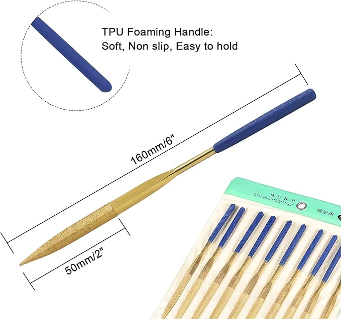 10 PCS Diamond Needle File (4mm x 160mm,150 Grit) Titanium Coated Mini Metal Files Barette Files for Precision Metal File Work Miniature DIY Jewelers/Glass/Ceramic