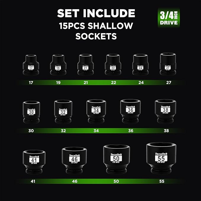 3/4" Drive Shallow 6-Point Impact Socket Set, 15-Piece Heavy Duty Impact Socket Set, CR-MO, Metric (17mm to 55mm), Enhanced Storage Case