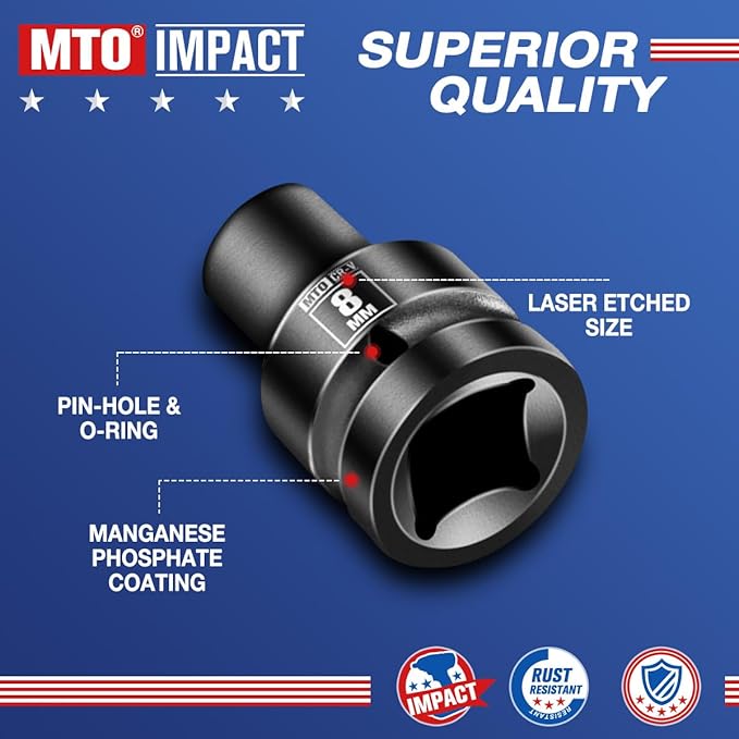 MTO 1/2" Drive 8mm Shallow Impact Socket, 6-Point Metric Socket for Automotive Maintaince, CR-V Steel Meets ANSI Standards