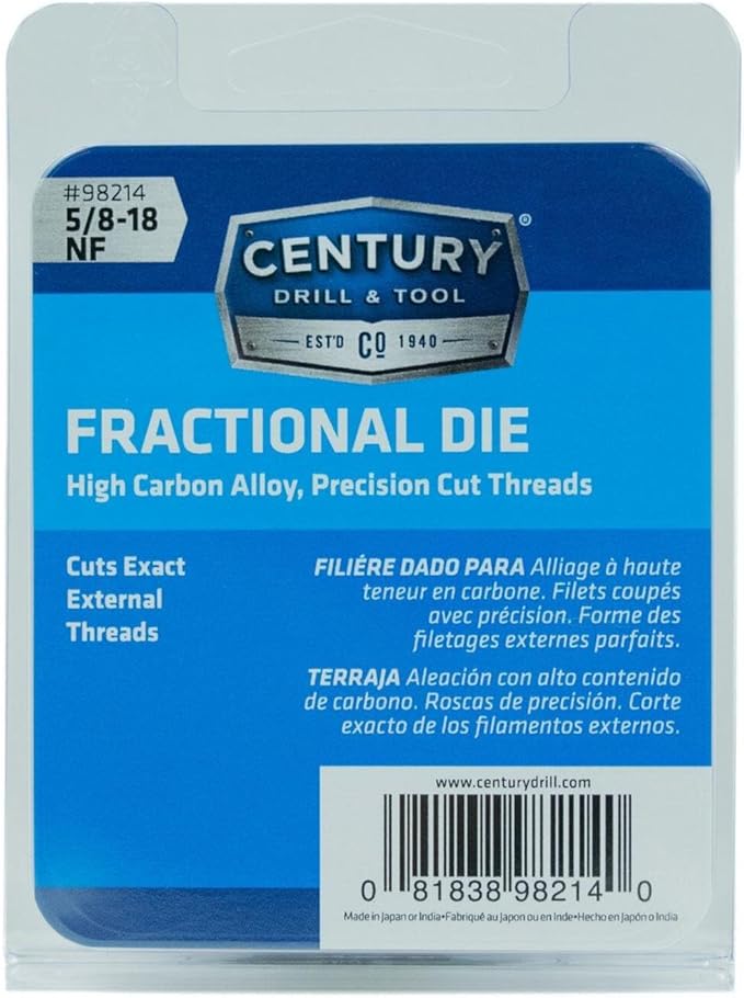 Century Drill & Tool, 98214, 5/8-18 NF, Hex Die, Precision Cut External Threads, High Carbon Alloy Steel