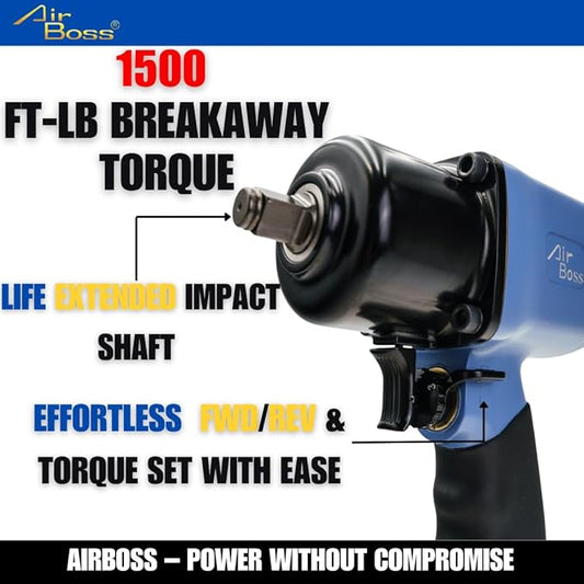 Airboss AW-141P 1/2'' High Torque Air Impact Wrench 1,620 ft-lbs Breakaway Torque, Award Winning, Ultra Performance Design Steel Motor, 5.5lbs Heavy-Duty Automotive and Industrial Applications