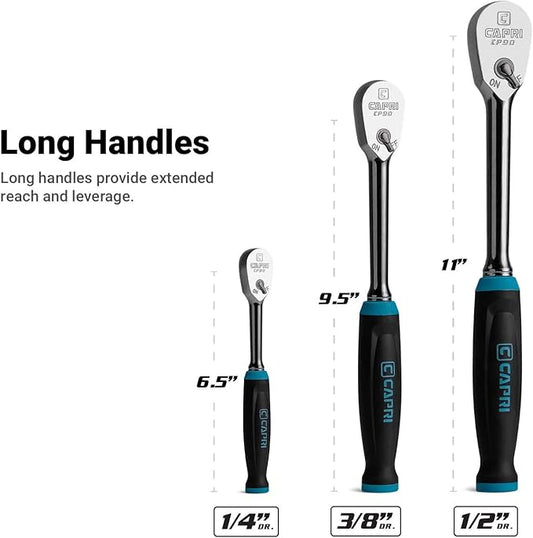 Capri Tools Fine 90-Tooth Ratchet Set, Ergonomic Soft Grip, 1/4, 3/8, 1/2 in. Drive, 3-Piece