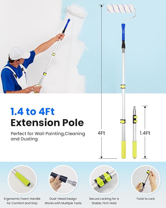 33PCS Paint Roller Kit with Extension Pole | 2?? FT Pole | 9" & 4" Paint Rollers | Carry Bag | 4 Brushes & Tape | Professional Painting Supplies & Paint Brushes Set for Walls Ceilings and Home