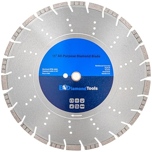 16" All Purpose Diamond Saw Blades for Hard/Reinforced Concrete, Asphalt, Granite, Terrazzo, Ductile Iron Piping, 5-5/8" Cutting Depth, 1" Arbor