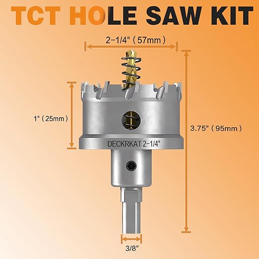 DECKRKAT 2-1/4" TCT Hole Saws for Hard Metal, Heavy Duty 57mm Tungsten Carbide Tipped Hole Cutters Set with Spring-Loaded Pilot Drill Bits for Stainless Steel, Metal, Iron, and Plastic.