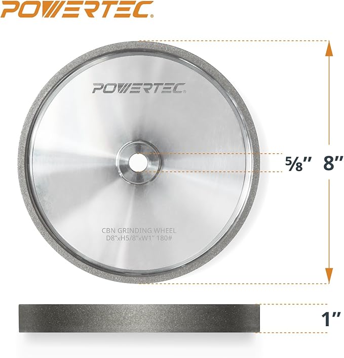POWERTEC CBN Grinding Wheel 8 Inch 180 Grit, Bench Grinder Wheel for Sharpening HSS Tools, Lathe Tools & Chisel Set, 8" x 1" Wide, 5/8" Arbor Bench Grinder Wheels for Bench Grinder, 1 PK (15700)