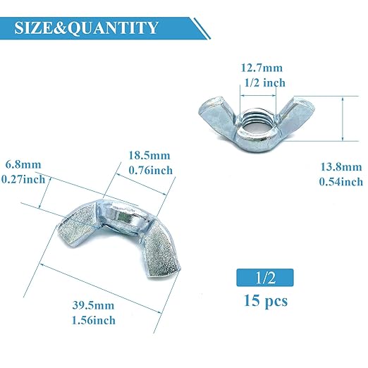 15 PCS 1/2-12 Inch Wingnuts, Quality Carbon Steel Wing Nuts Zinc Plated Fasteners Parts Butterfly Nut, Hand Twist Tighten Hardware Nuts Butterfly Wing-Nut 1/2-12??Assorted Kit