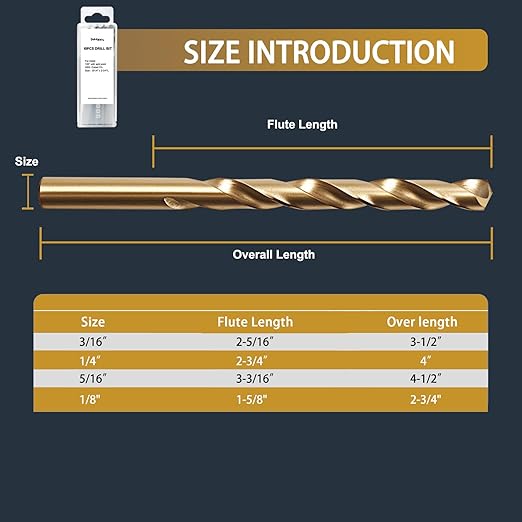 BeHappy 3/16" Cobalt Drill Bit Set (10Pcs), M35 HSS, 135 Degree Tip, Twist Jobber Length for Hardened Metal, Stainless Steel, Cast Iron, Wood, and Plastics, with Index Storage Case