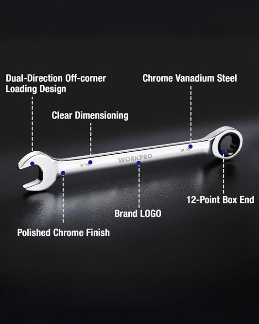 WORKPRO 3/4" Ratcheting Combination Wrench SAE, CR-V Constructed with Mirror Polish Chrome Plating, 12-Point Design, 15-Degree Offset