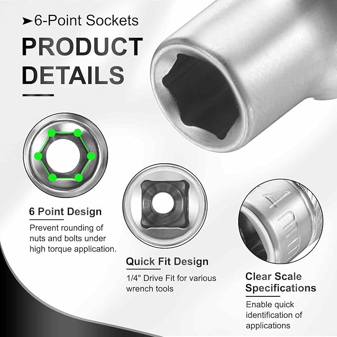 HARFINGTON 6 Points Deep Socket 1/4" Drive 4mm Deep Metric CR-V Steel Polished Nickel Plating Flip Sleeve 25mm / 1" Extra Long Socket Tool for Home Auto Nuts Bolts Repair