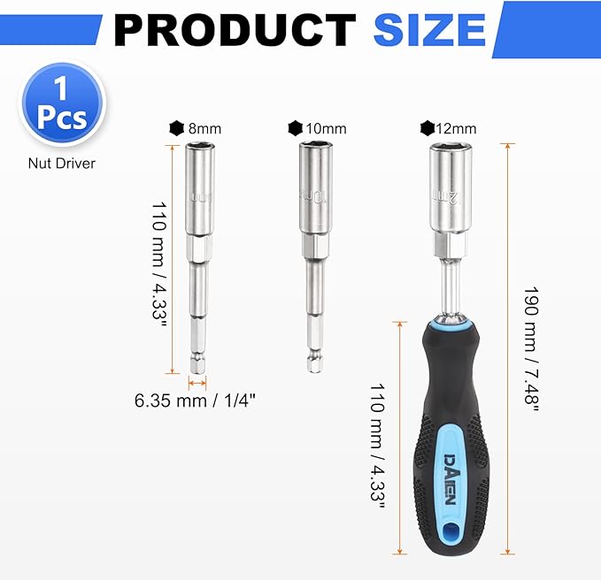 HARFINGTON Metric Nut Driver 8mm/10mm/12mm CR-V Non-Magnetic Detachable Tip Hollow Shafts Hex Socket Screwdriver with Anti-Slip Handle for Automobile Repair Bit Driver, Blue/Black