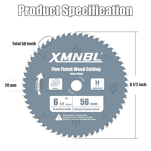 6 1/2 Inch Track Saw Blade,Replace for Makita B-57342 6 1/2 Inch 56T Saw Blades,Carbide-Tipped Cordless Plunge Saw Blade,Compatible with 165mm 20mm Arbor Track Saw,Longer Life 5X