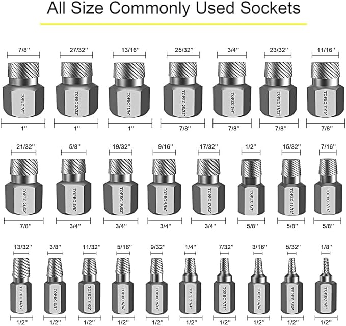 Topec 25Pcs-Double Head Screw Extractor Set, Newest Version 3/8??Drive 2-in-1 Functional Easy Out Bolt Extractor Set, Premium CR-MO Steel Rounded Bolt Remover