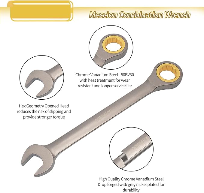 Meccion Combination Wrench 8mm Metric Open End Ratcheting Wrench - Industrial Grade Gear Spanner with Grey Nickle Plated