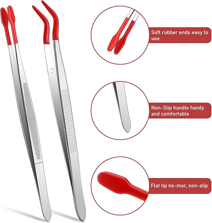 Rubber Tipped Tweezers, 4 Pcs PVC Coated Craft Tweezers Jewelry Tweezer Long Bent and Straight Flat Tip Precision Tweezer for Crafts Stamps Coin Beads Jewelry Industrial Electronic Lab (Red)