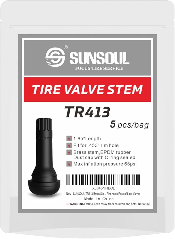 SUNSOUL TR413 Brass Stem EPDM Rubber Snap-in Tire Valve Stems for 0.453 Inch 11.5mm Rim Holes, Pack of 5pcs Valves