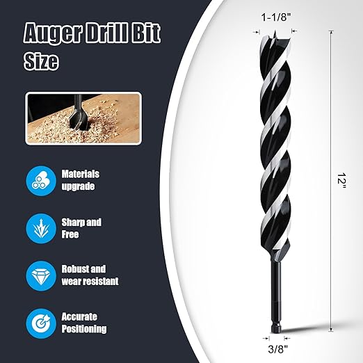 1-1/8" x 12" Auger Drill Bit for Wood, Hex Shank Tri Flute Ship Auger Long Drill Bit for Soft and Hard Wood,Tree Stump,Plastic,Drywall and Composite Materials