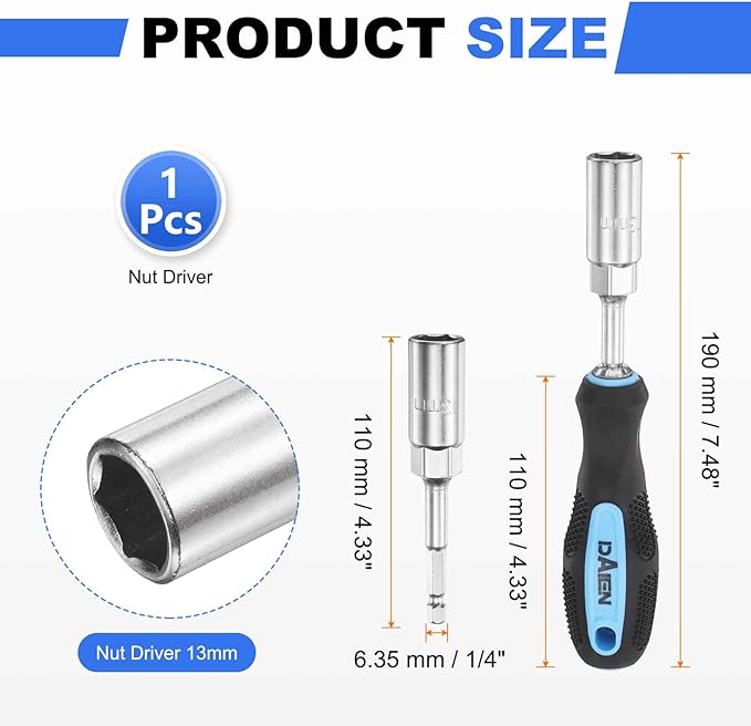 HARFINGTON Metric Nut Driver 13mm CR-V Non-Magnetic Detachable Tip Hollow Shafts Hex Socket Screwdriver with Anti-Slip Handle for Automobile Repair Bit Driver, Blue/Black