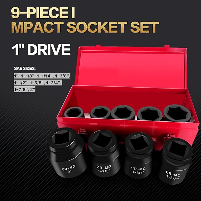 1 Inch Drive Deep Impact Socket Set,9 Pieces,6-Point,SAE Sizes (1",1-1/8",1-1/14",1-3/8",1-1/2",1-5/8",1-3/4",1-7/8",2"),Cr-Mo Steel
