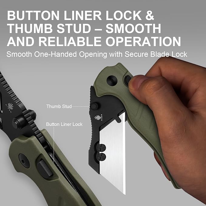 Kizer C01C Uti 1 (Dual-screw Version) Utility Knife, Button Liner Lock Box Cutter EDC Pocket Knife with 5PCS Razor Blades, Green G10 Handle Small Folding Knives with Clip for Men Women, V3488.29JSA2