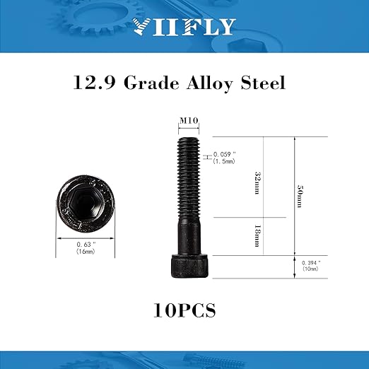 YIIFLY M10-1.5 x 50mm Socket Head Cap Screws, M10x1.5 Bolt, 12.9 Grade Alloy Steel, Allen Socket Drive, Black Oxide Finish,Half Thread, Quantity 10