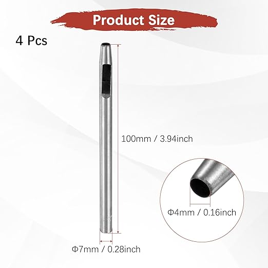 4MM Leather Hole Punch Tool [4PCS] - Metal Round Belt Hole Puncher Use for Leather Working & Belts & Watch Band & Paper & Plastic - [Silver Tone] Round Hollow Tools