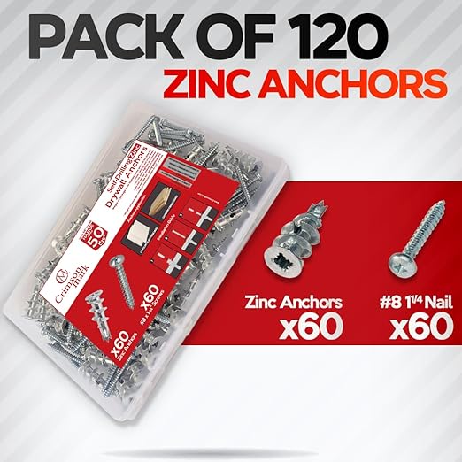 120Pcs Zinc Self Drilling Drywall Anchors and Screws kit #8 x 1-1/4?? Metal Wall Anchors for Drywall Heavy Duty, Holds Upto 50lbs ??No Drill Hole Required with Dry Wall Screws and Anchors