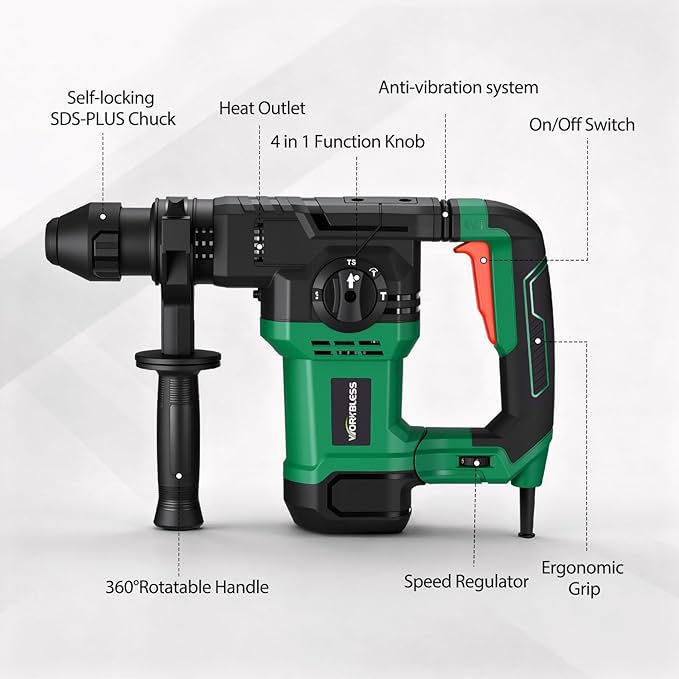 1-1/4 Inch Rotary Hammer Drill with SDS-PLUS Bits: 13Amp 7.0J Rotomartillo, SDS Hammer Drill for Concrete Demolition Chipping, 4 Functions, 6 Speed, 3 Drill Bits & 2 Chisels