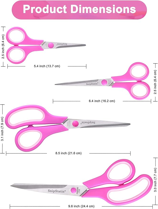 Craft Scissors Set of 4, Scissors All Purpose, Sharp Blades, Ergonomic Semi-Soft Rubber Grip, Suitable for Office, Home, School, Sewing, Fabric, Art Craft Supplies, 9.6", 8.5", 6.4", 5.5"