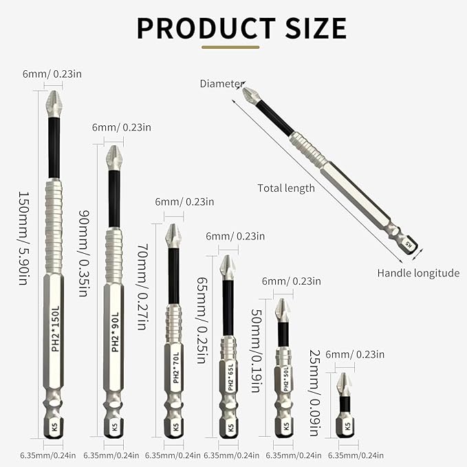 2025 New Upgraded 6pcs High Magnetic Screwdriver Drill Bit Set Anti-Slip & Electric Precision Strong Magnetic Drill Bits for Power Drill Impact Resistant Bit for Home DIY 25 50 65 70 90 150mm