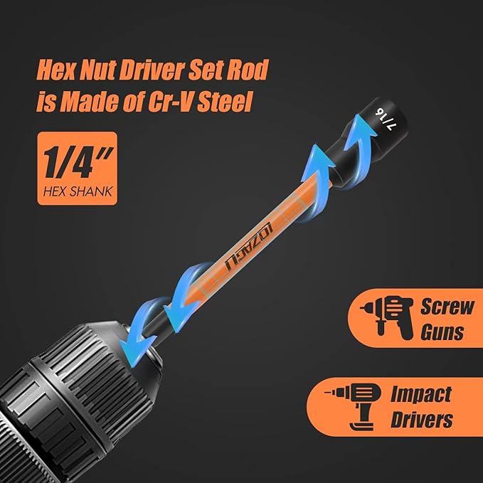 16Pcs Long Magnetic Nut Driver Set for Impact Drill | 6 Inch Long Nut Driver Set | SAE and Metric | 1/4 Inch Hex Shank | Cr-V Steel (16PCS Magnetic Nut Driver (Long))