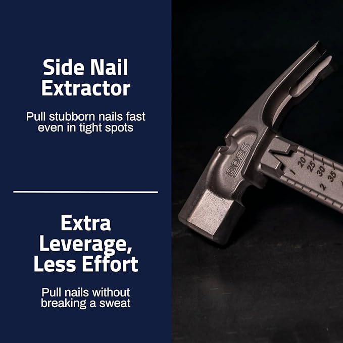 Boss Hammer 14 oz. Pro Plus Titanium Hammer - Ti64 Construction Grade, New Side Nail Extractor, 20% Thicker Handle, 1/4" Tether Hole - Milled Face - Made in the USA - BHPPS14TIM