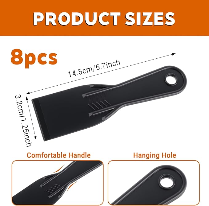 8PCS Plastic Putty Knife Scraper, 2 Inch Black Flexible Plastic Scraper Tool Paint Scrapers Tool Spreader Spackle for Taping Drywall Wall Painting Spackling Patching
