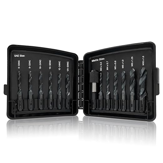 Drill & Tap Bits Set of 13 pcs - 6 SAE Sizes: 6-32NC to 1/4-20NC, 6 Metric Sizes: M3 to M10 and a Quick-Change Adapter ??Combine Drilling Tapping Threading Countersinking Functions in One Bit, Black