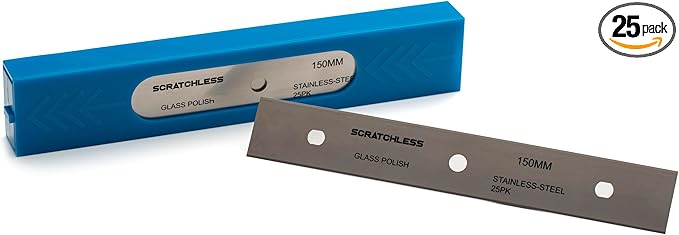 GLASS POLISH 6" (150mm) Pack of 25 Double-Edged Stainless Steel Blades, 0.20mm Laser Sharp Replacement Blades for SCRATCHLESS Scraper or Compatible Models - GP15043