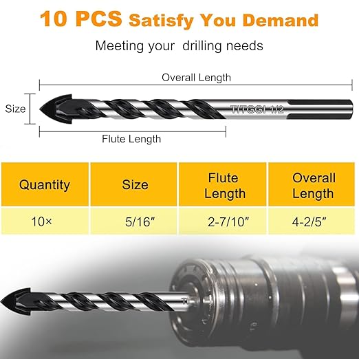 TITGGI 5/16" (10PCS) Masonry Drill Bit Set & Cement Drill Bits, Professional Concrete Drill Bit Set for Glass/Brick/Plastic/Cement/Wood/Tile/Etc, Industrial Strength Carbide Drill Bit Tip
