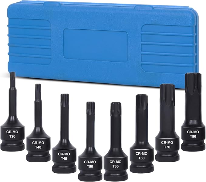 1/2" Impact Drive Torx Bit Socket Set, T30 T40 T45 T50 T55 T60 T70 T80 Cr-Mo Impact Grade,1/2" Drive Torx Bit Socket Set with Case