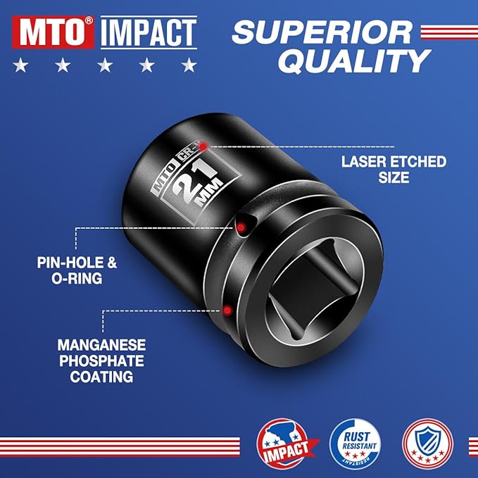 MTO 1/2" Drive 21mm Shallow Impact Socket, 6-Point Metric Socket for Automotive Maintaince, CR-V Steel Meets ANSI Standards