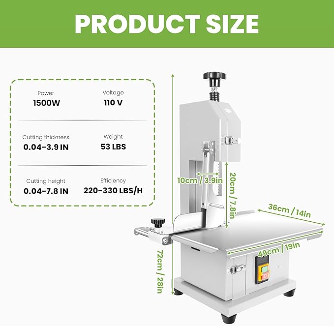 Commercial Electric Meat Bandsaw, 1500W Bone Meat Cutter Machine, Stainless Steel Workbench 19" x 14", 0.04-7.8 In Cutting Thickness, Frozen Meat Cutter with 8 Blades for Rib Pork Beef
