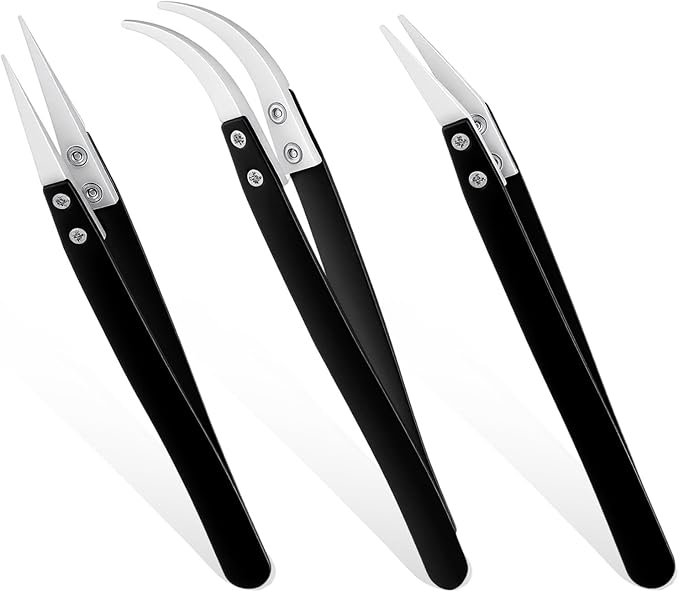 3 PCS Ceramic Tweezers, Electronics Tweezers, Reverse Tweezer Set, Non Conductive Heat Resistant Electronics Soldering Tweezers, Pointed Curved Tips for Pinching Coils, Jewelry, Watch Repair, Black