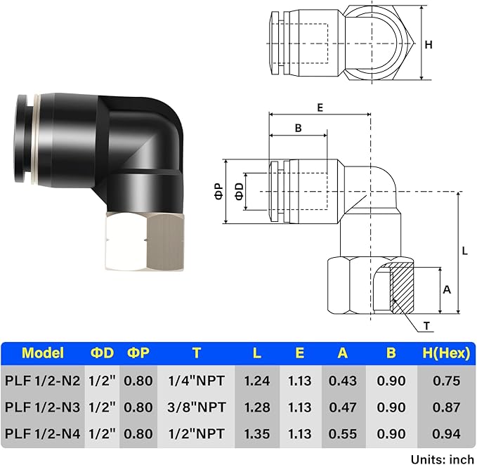 TAILONZ PNEUMATIC Female Elbow 1/2 Inch Tube OD x 1/4 Inch NPT Thread 90 Push to Connect Fittings PLF-1/2-N2 (Pack of 5)