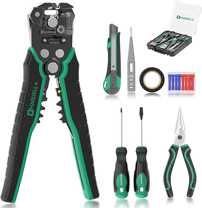 HARDELL+ Wire Stripper, Self-Adjusting Wire Stripping Tool with 27 Universal Accessories, 3 in 1 Stripper/Cutter/Crimping Tool for Electronics Projects/DIY/Home Repairs (10-24 AWG)