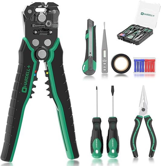 HARDELL+ Wire Stripper, Self-Adjusting Wire Stripping Tool with 27 Universal Accessories, 3 in 1 Stripper/Cutter/Crimping Tool for Electronics Projects/DIY/Home Repairs (10-24 AWG)
